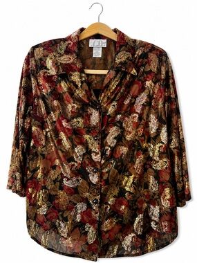 CB Collections Petite Large Floral Paisley Metallic Gold Button Front Blouse